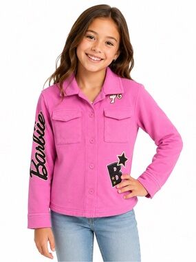 Barbie Youth Small Hot Pink Button-Front Jacket with Graphic‎ Patches
